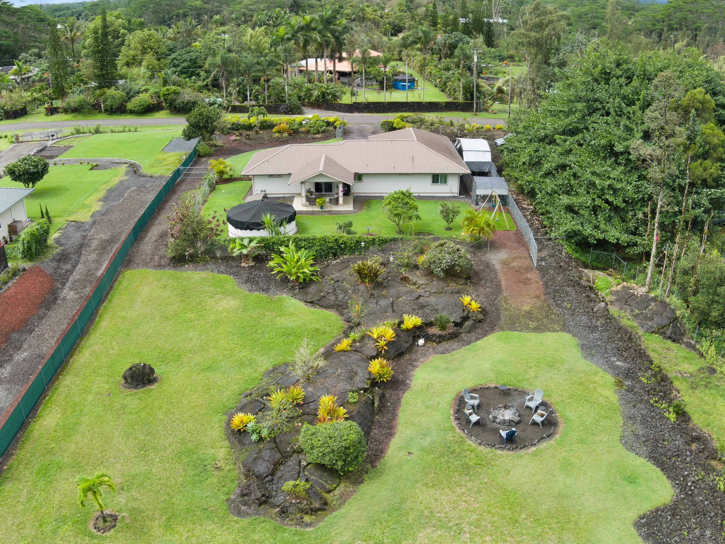 Drone view landscaped property Hawaiian Paradise Park Keaau Hawaii
