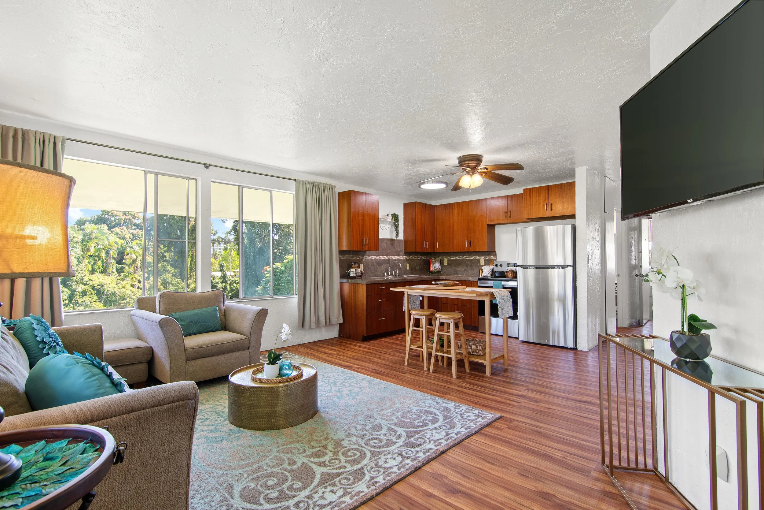 Condo living room with stream view Wainaku Hilo Hawaii