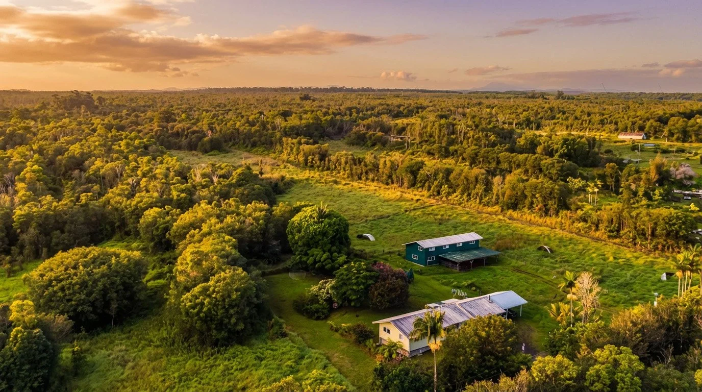Drone image of a ranch at twilight. Mountain View, Hawaii
