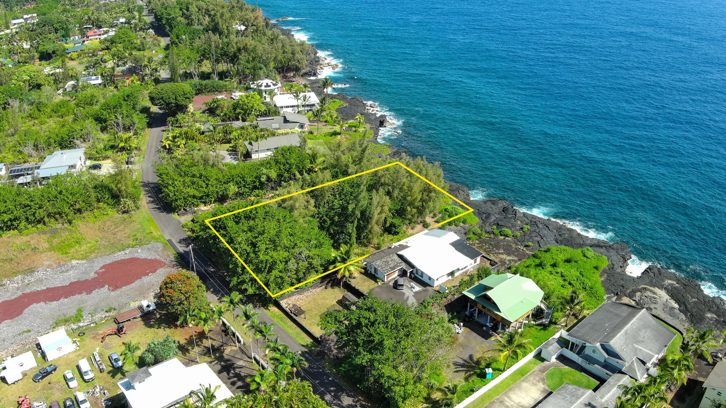 Oceanfront property drone view Hawaiian Paradise Park Keaau Hawaii boundary
