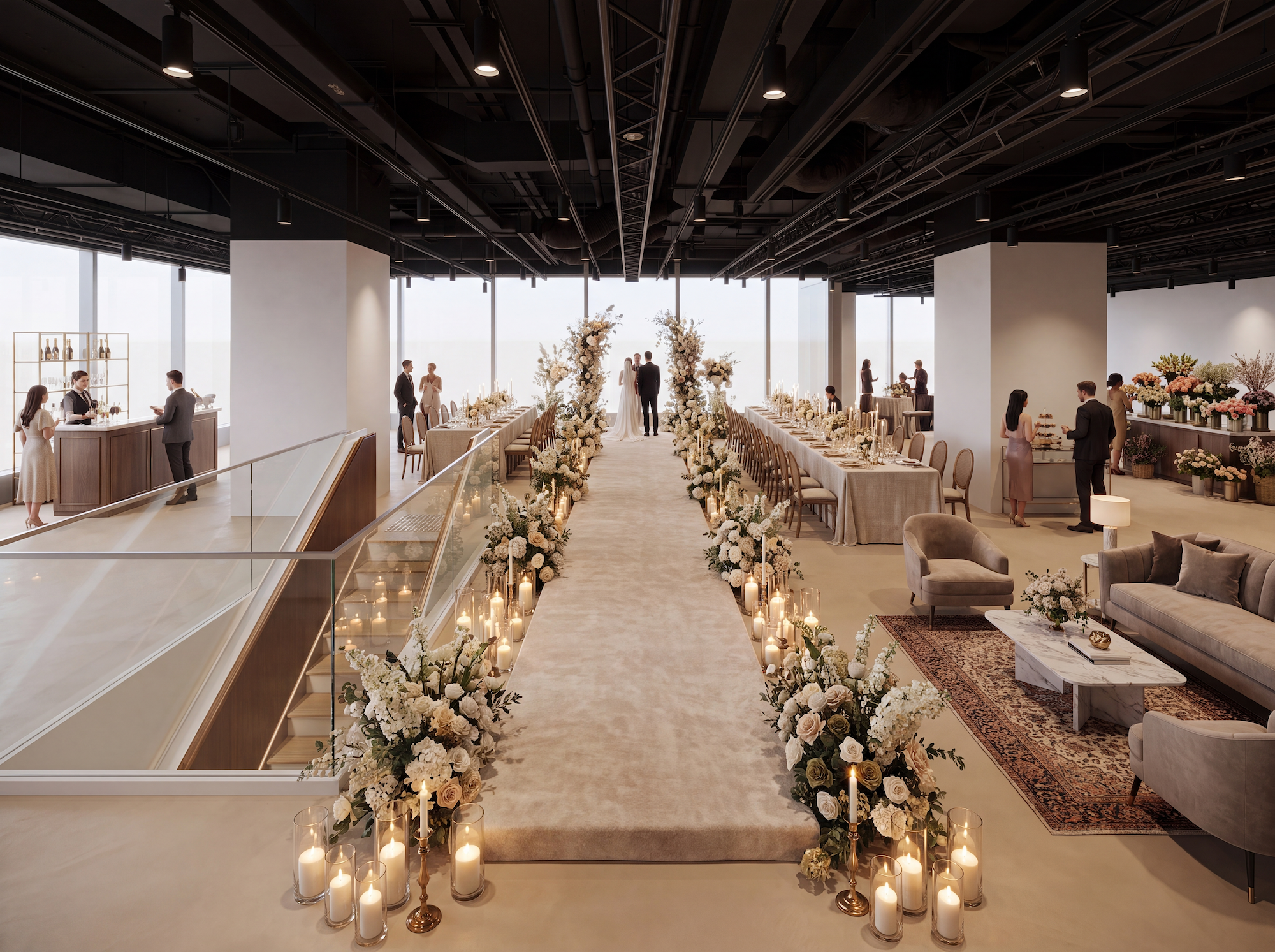 Elegant wedding reception with white decor, floral centerpieces, and a dance floor with a backdrop that reads "Happily Ever After."