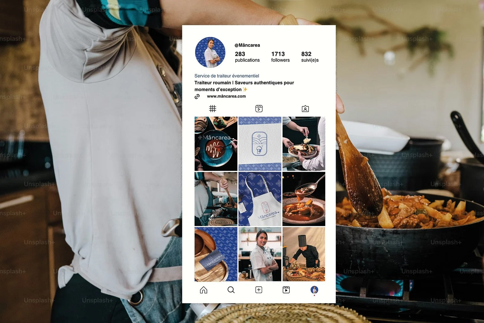 Capture d'écran d'un profil Instagram d'un traiteur roumain, montrant des photos de plats et du personnel en cuisine.