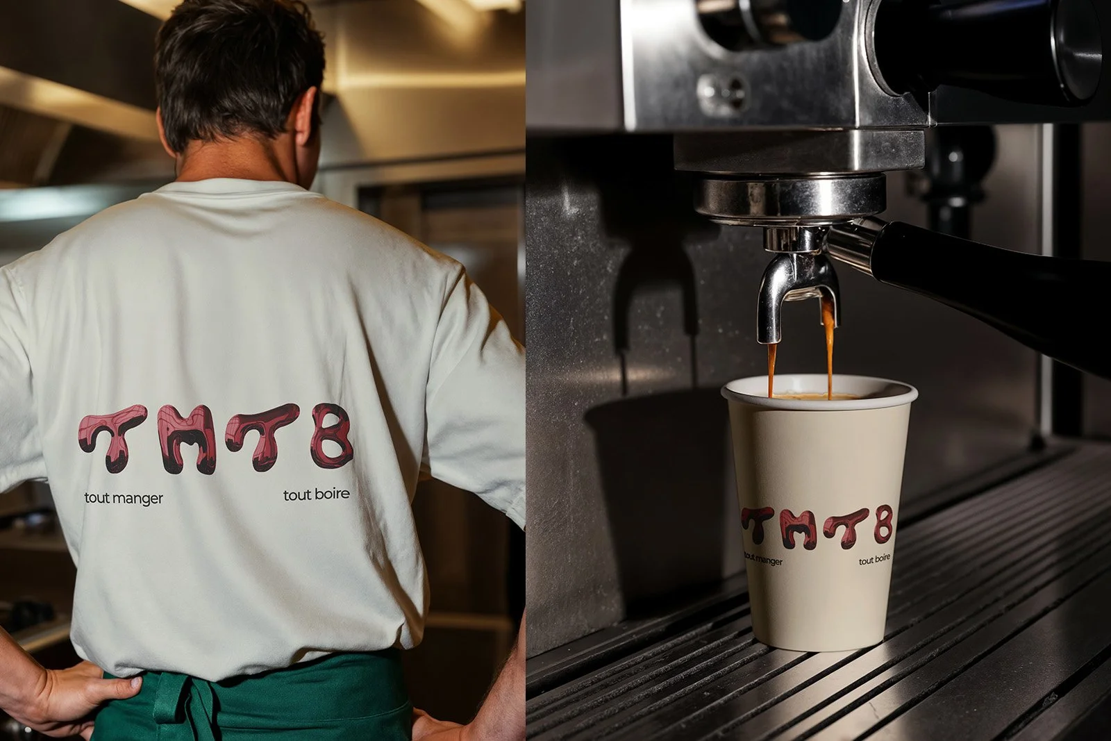 Un barista prépare un café espresso dans une machine, le café coule dans un gobelet en papier avec le logo "TMTB".