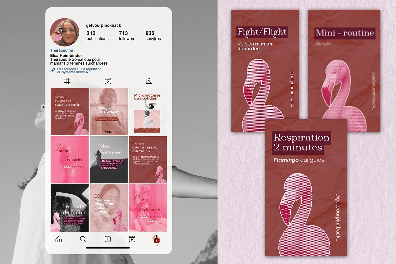 Présentation de supports de bien-être et de relaxation, comprenant un profil Instagram et trois affiches avec des thèmes sur la respiration, la routine du soir et la gestion du stress, illustrées par un flamant rose.