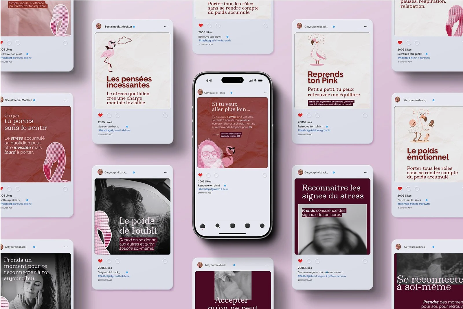 Compilation d'images de réseaux sociaux avec des citations en français sur la gestion du stress, le poids émotionnel, la reconnexion à soi-même, et le rôle des pensées, illustrées par des dessins de flamants roses et des photos en noir et blanc.