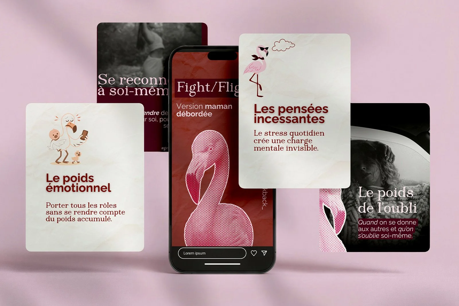 Une composition d'images et de textes en français sur la gestion du stress et des émotions, comprenant des illustrations de flamant rose et d'oiseau, avec un téléphone au centre affichant un graphique ou un diagramme.
