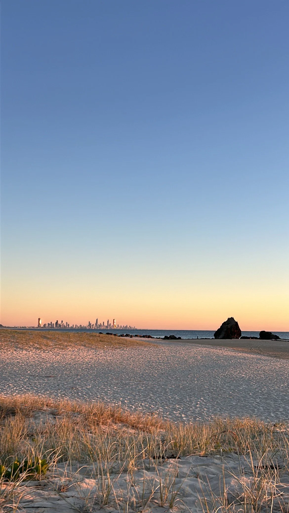 A sunset over a sandy beach with scattered rocks, tall grasses in the foreground, and a city skyline in the distance.