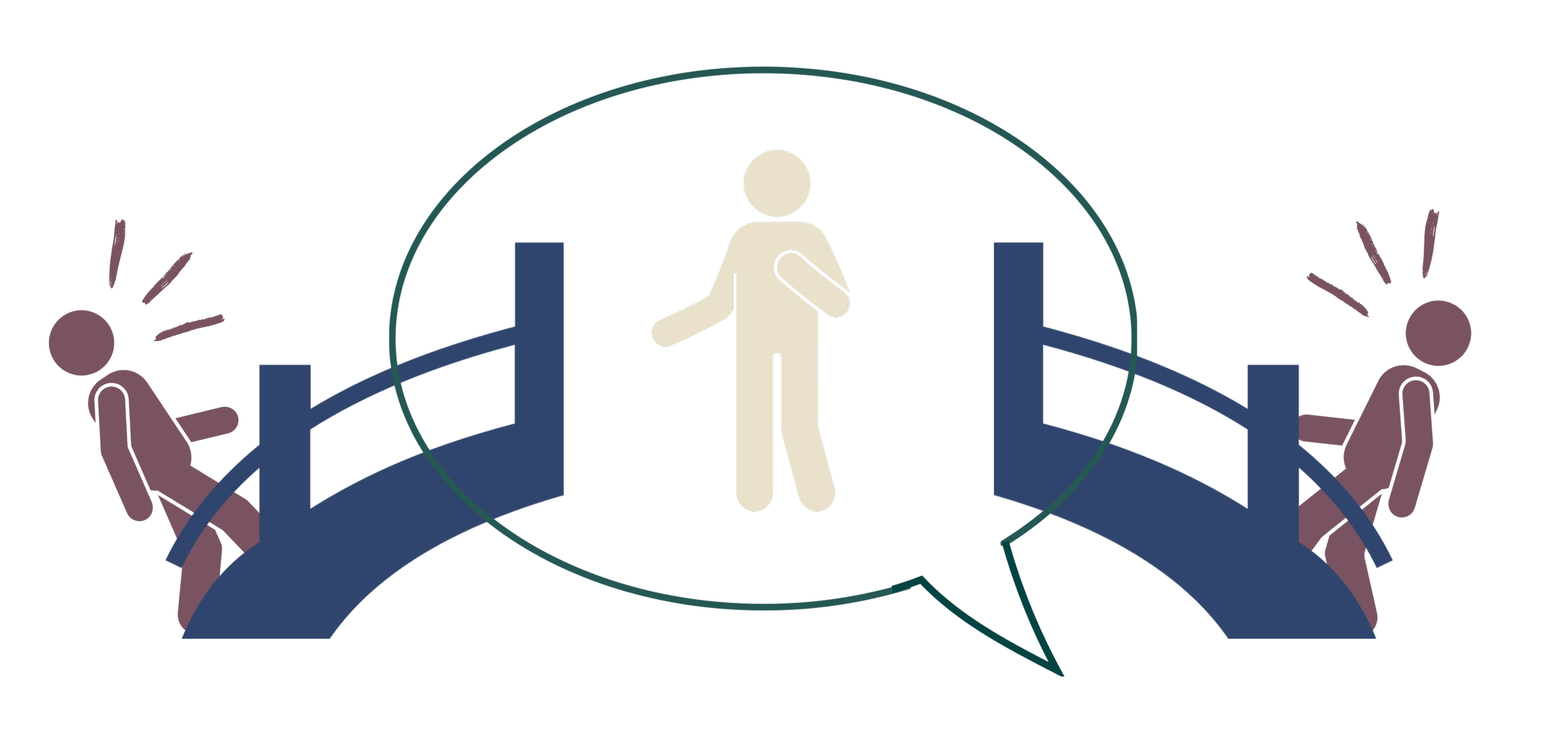 Diagramm zeigt zwei Personen im Rollstuhl, die in einer helfenden Umgebung miteinander interagieren, symbolisiert Unterstützung und inklusive Kommunikation.