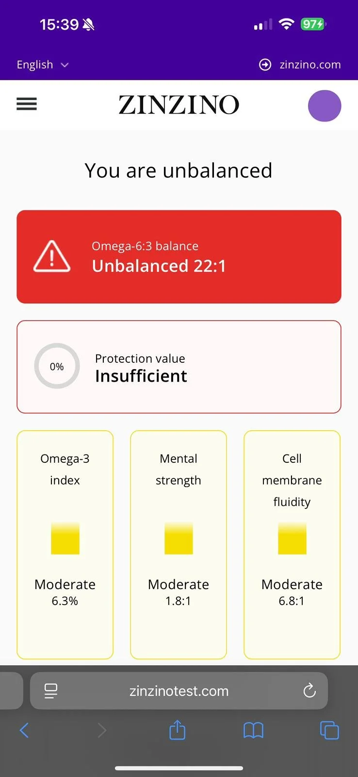 Example Zinzino BalanceTest before result