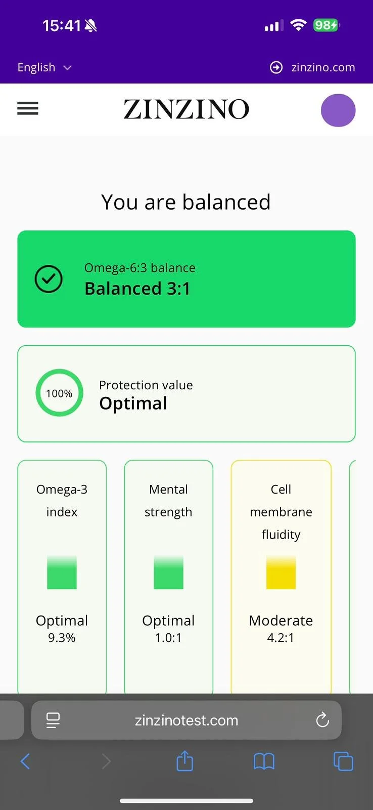 Example Zinzino BalanceTest after result