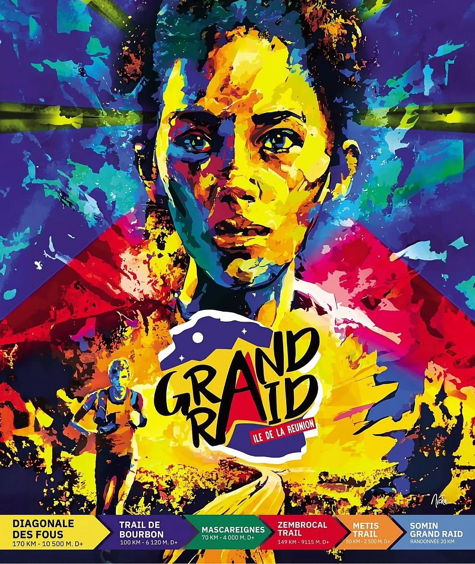 Colorful digital poster for the Grand Raid cycling race in Ile de la Reunion, featuring a large stylized portrait of a woman and a smaller depicted cyclist, with race details and a cityscape background.