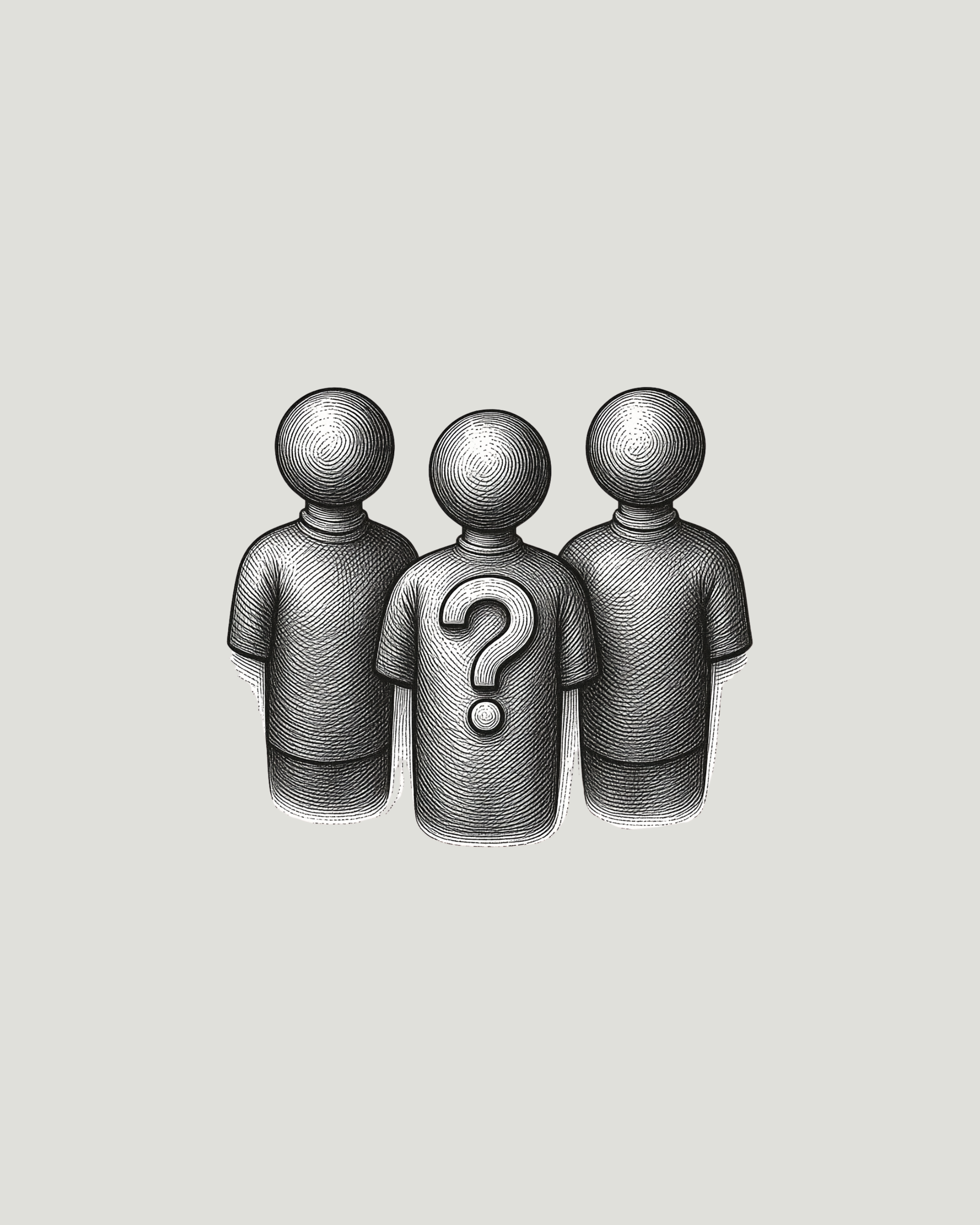 Drei stilisierte menschliche Figuren mit runden Köpfen und T-Shirts, eine zentrale Figur mit einem Fragezeichen auf der Brust.