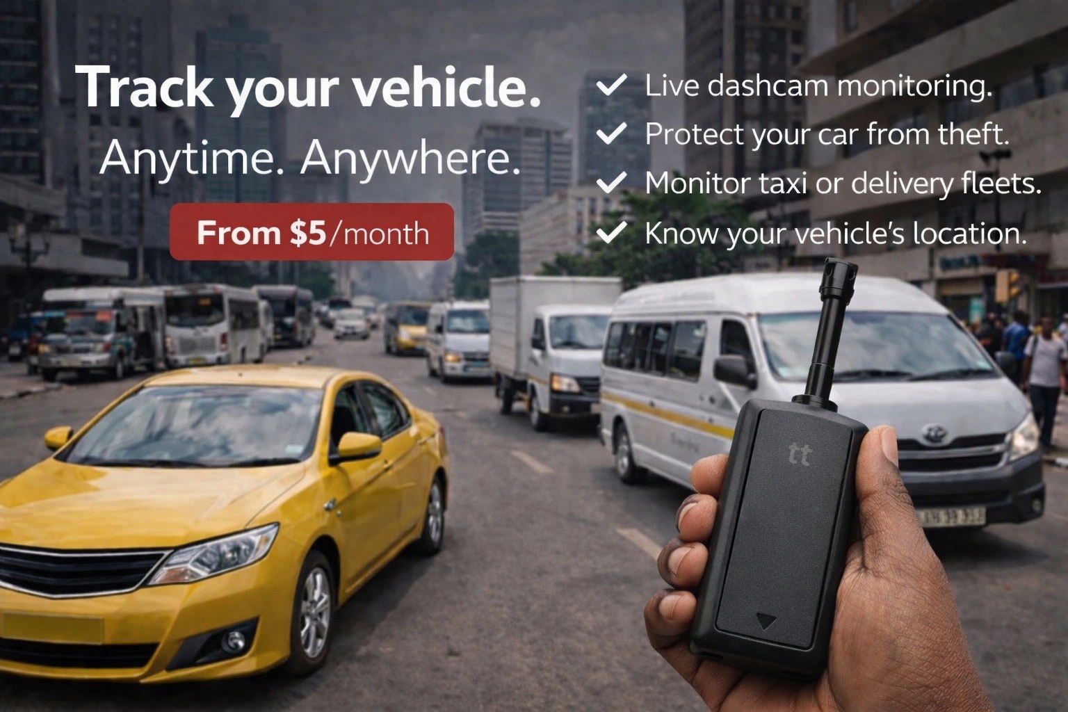 A person holding a GPS tracker device in front of a city street with cars and taxis, advertising vehicle tracking services.