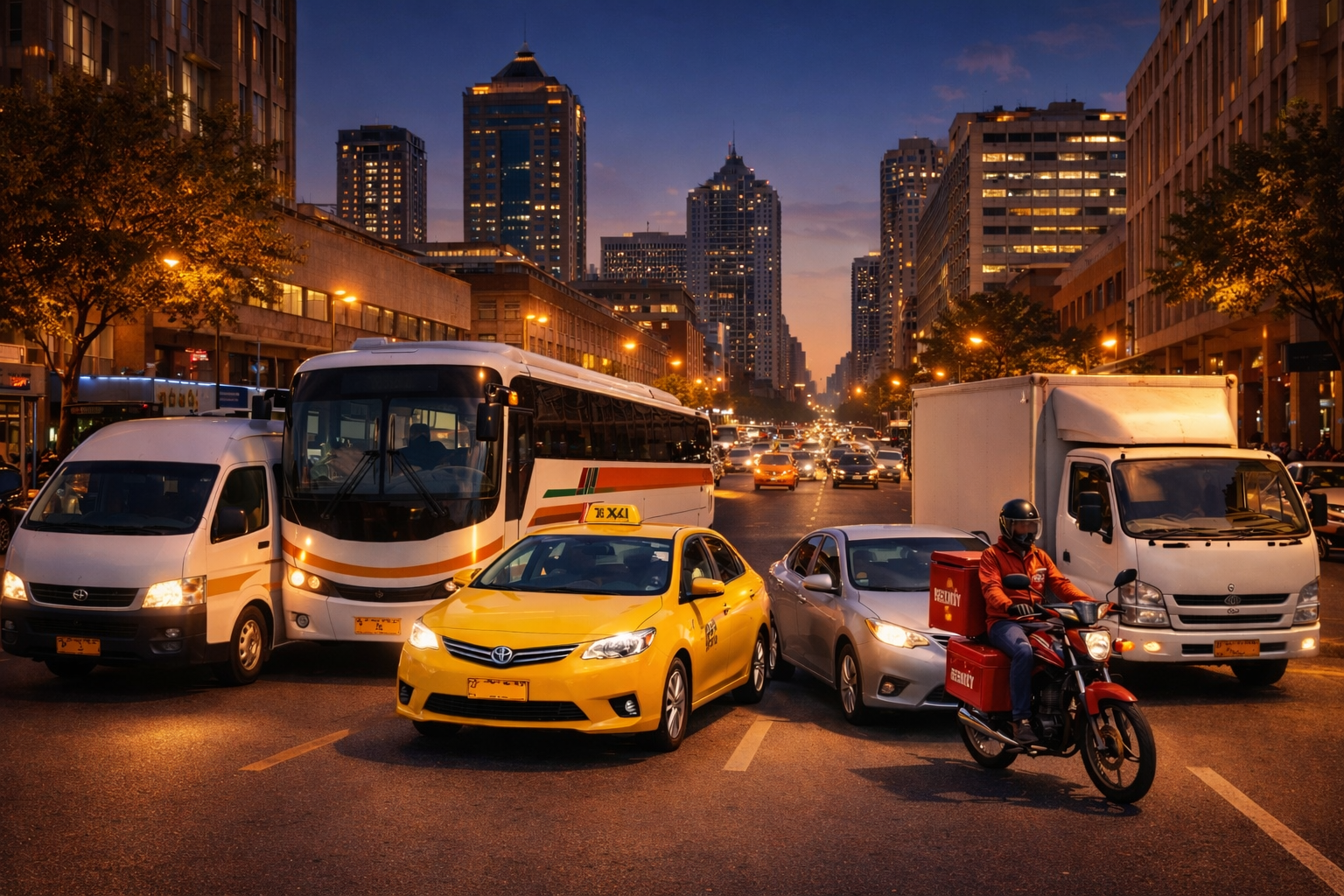 City street at dusk with tall buildings, traffic, and a yellow taxi in the foreground. A delivery motorcycle rider rides by, and various cars and buses are visible.