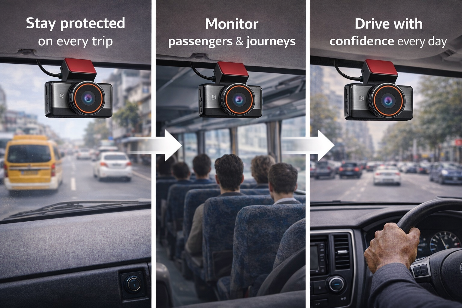 Three panels showing a dashboard camera installed in a vehicle's interior, used for road monitoring and driving confidence, with examples of road scenes and drivers.