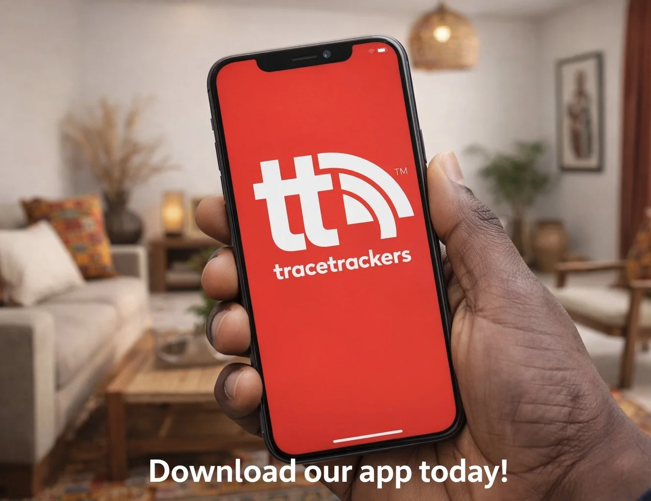A person holding a smartphone displaying the TraceTrackers app with a red background. The home interior includes a beige sofa, colorful pillows, a wooden coffee table, and various decorative items, with a caption at the bottom that reads "Download our app today!"