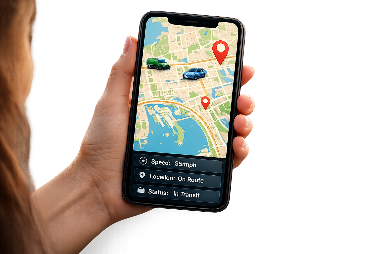 A person holding a smartphone displaying a map with two red location pins and three cars on the road. The map shows water bodies and streets. The phone screen indicates the speed as 65 mph, the location as 'On Route,' and the status as 'In Transit.'