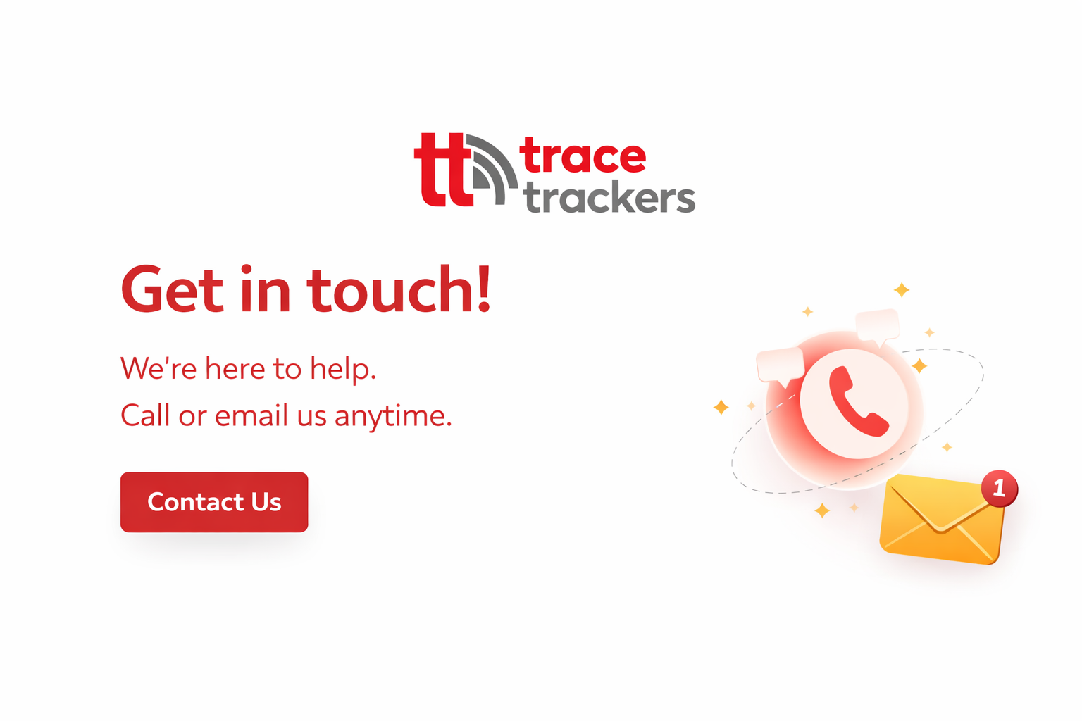 Contact page for TT Trace Trackers with a phone icon, email icon, and a button labeled 'Contact Us' in red.