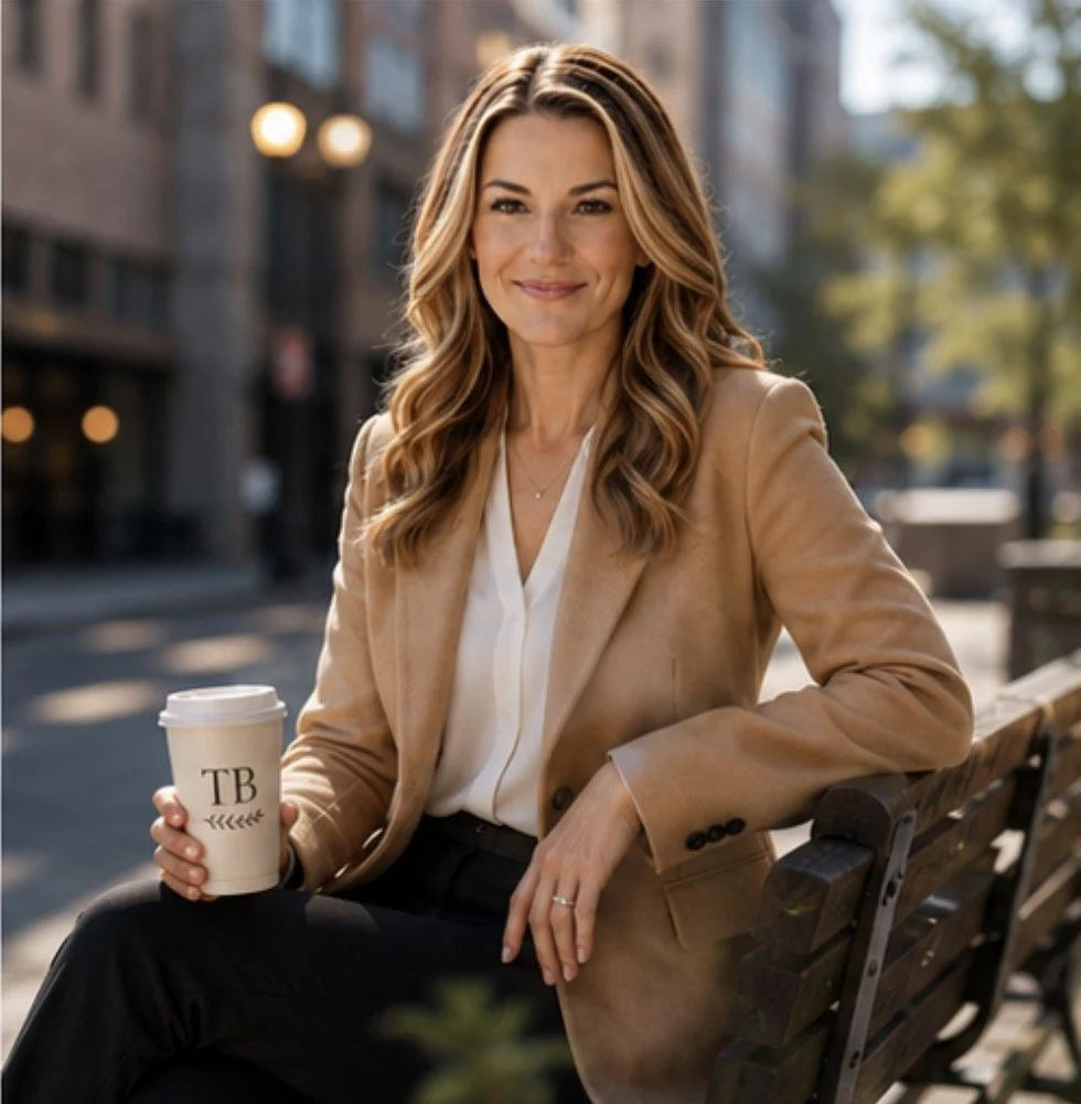 A woman with long wavy hair, wearing a tan blazer and white blouse, sitting on a park bench in an urban setting during daytime, holding a coffee cup with the initials 'TB' on it, and smiling at the camera.