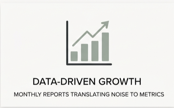 Graph icon with upward trending arrow, text states 'Data-Driven Growth' and 'Monthly reports translating noise to metrics'.