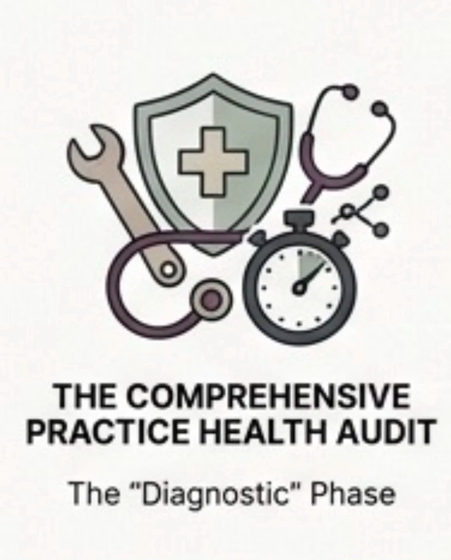 Illustration of a stethoscope, shield with medical cross, wrench, stopwatch, and connected nodes, symbolizing healthcare assessment. Text reads 'The Comprehensive Practice Health Audit' and 'The Diagnostic Phase'.