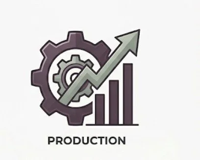 Gear and upward trending bar chart representing production growth.