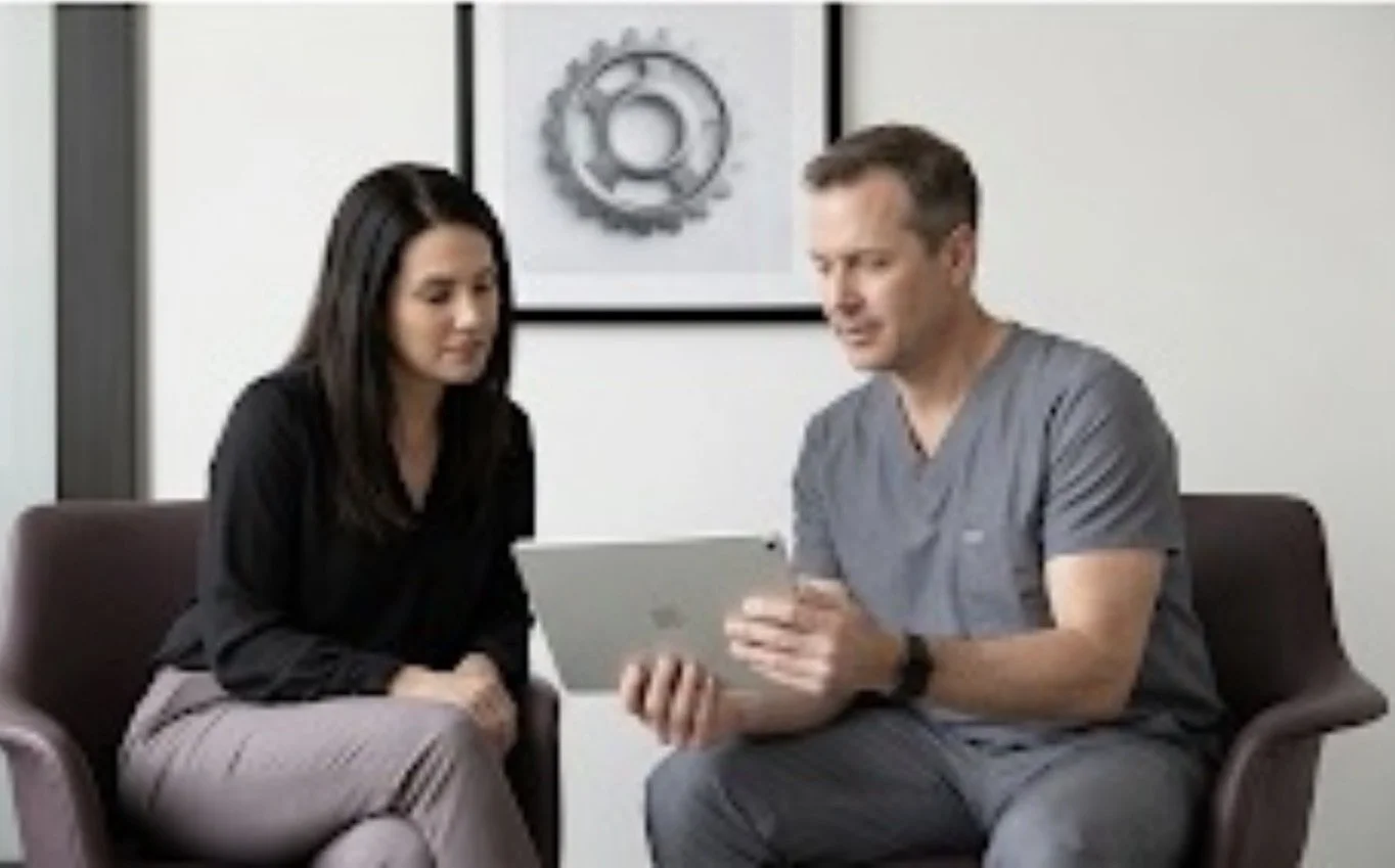 A woman and a man in medical scrubs sitting on a brown couch, looking at an iPad together in a medical office.