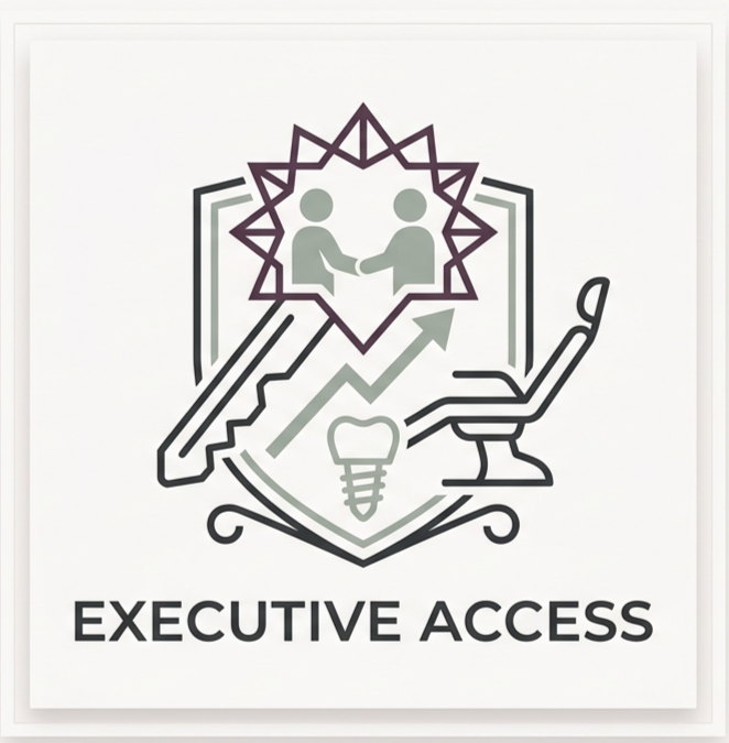 Graphic with handshake, upward trending arrow, dental implant, dental chair, and shield symbols, with the text 'Executive Access'
