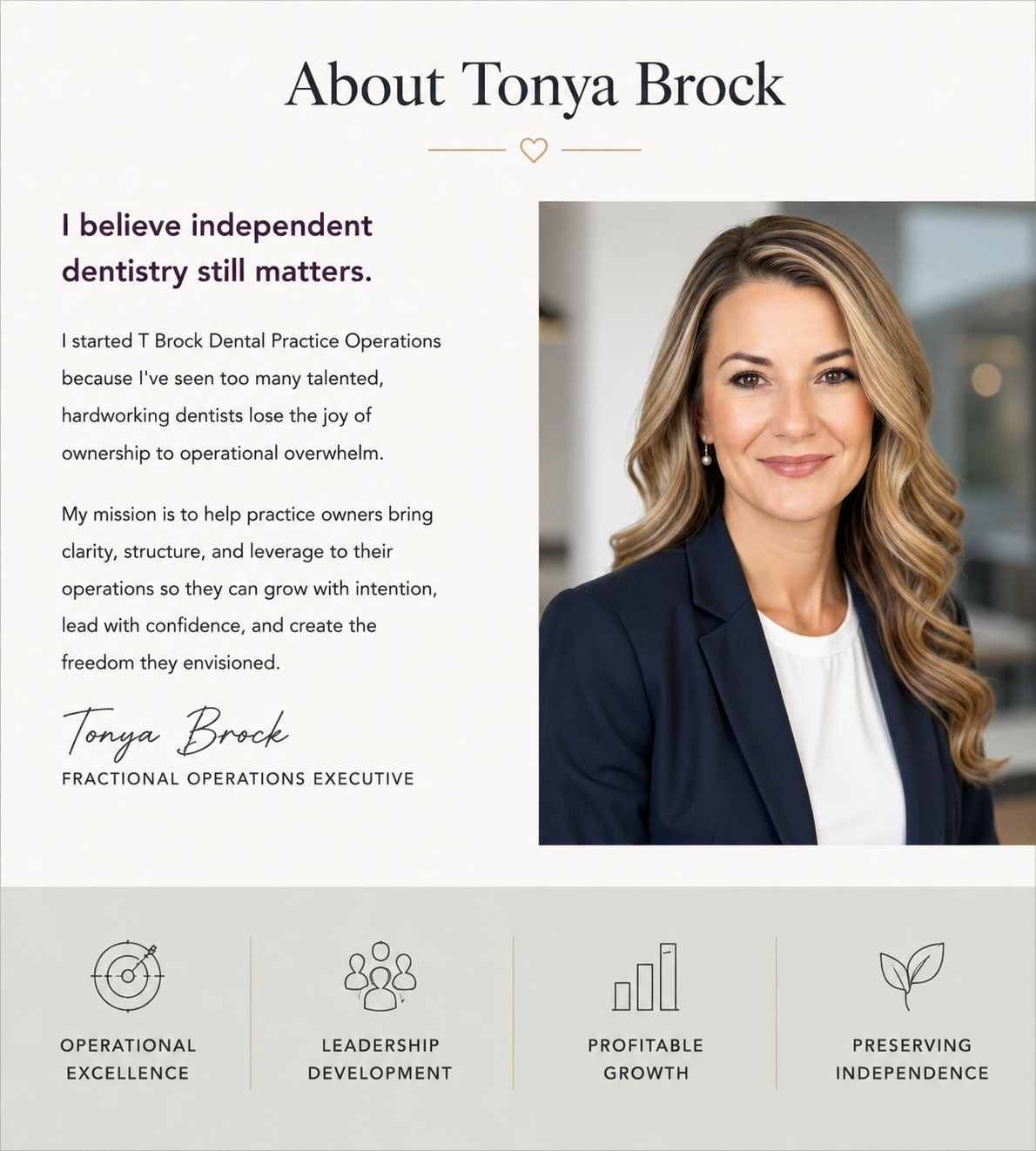 A professional profile page for Tonya Brock featuring her photo and a personal statement about her beliefs in independent dentistry, her mission to help practice owners, and her signature. The page includes icons and labels for operational excellence, leadership development, profitable growth, and preserving independence.