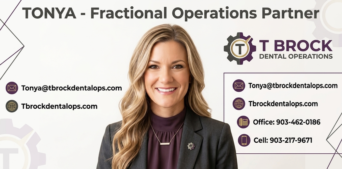 Business woman with blonde wavy hair smiling, wearing a dark blazer and purple top, standing next to contact information and logo for T Brock Dental Operations.