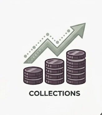 Graph with three stacked coin icons increasing in height, showing growth with an upward arrow, labeled 'Collections'.