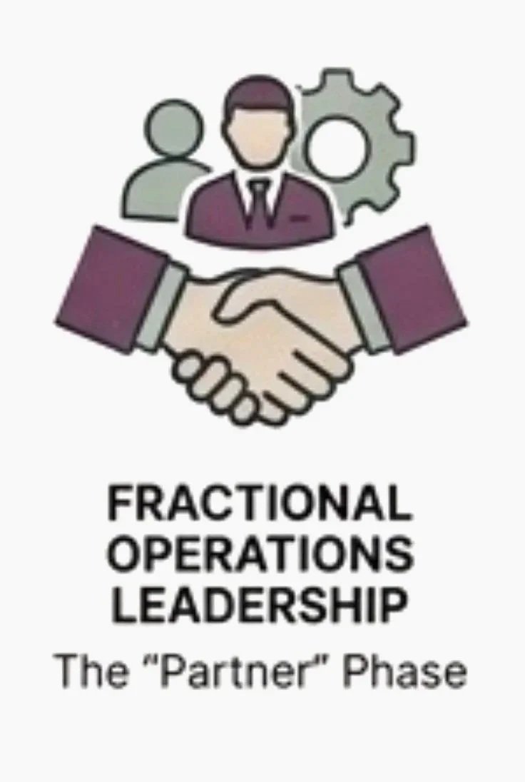 Illustration of two people shaking hands with a person and gear in the background, with text 'Fractional Operations Leadership The 'Partner' Phase.