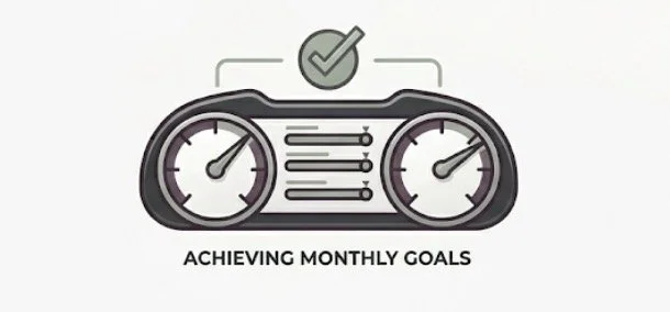 Graphic of a dashboard with speedometers and sliders, and a checkmark above, with the text 'Achieving Monthly Goals'.