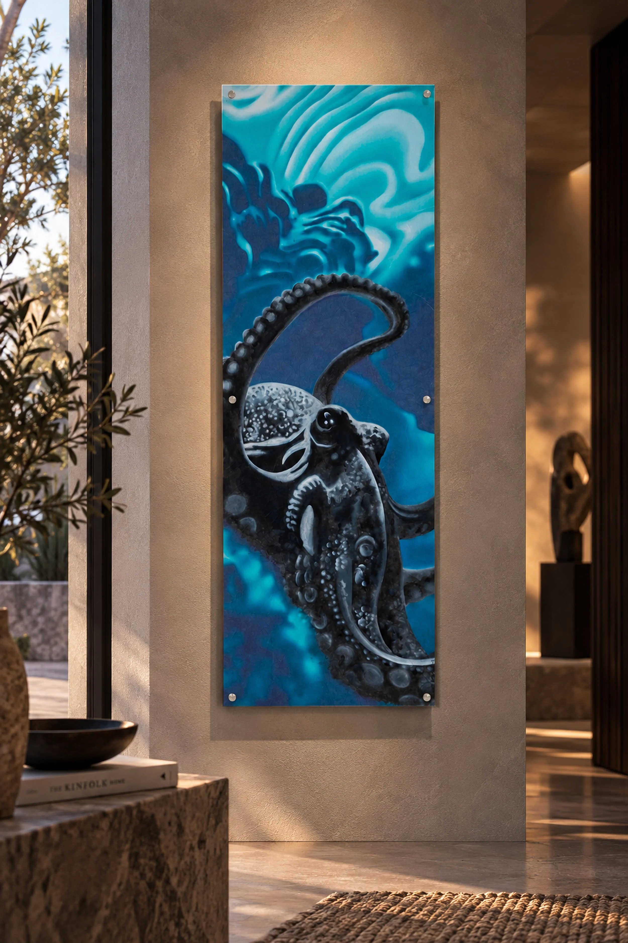 Dipinto raffigurante un polpo stilizzato, con sfondo blu e onde marine