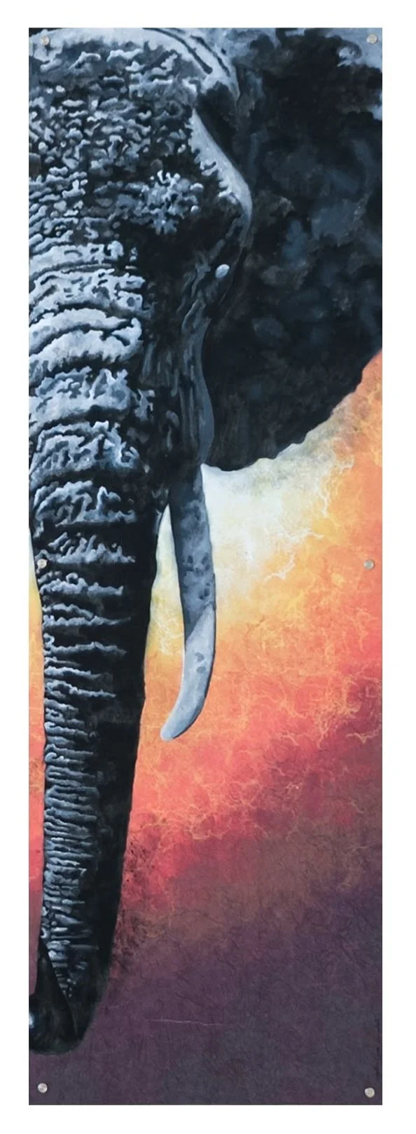 Dipinto di un elefante con uno sfondo arancione e rosso