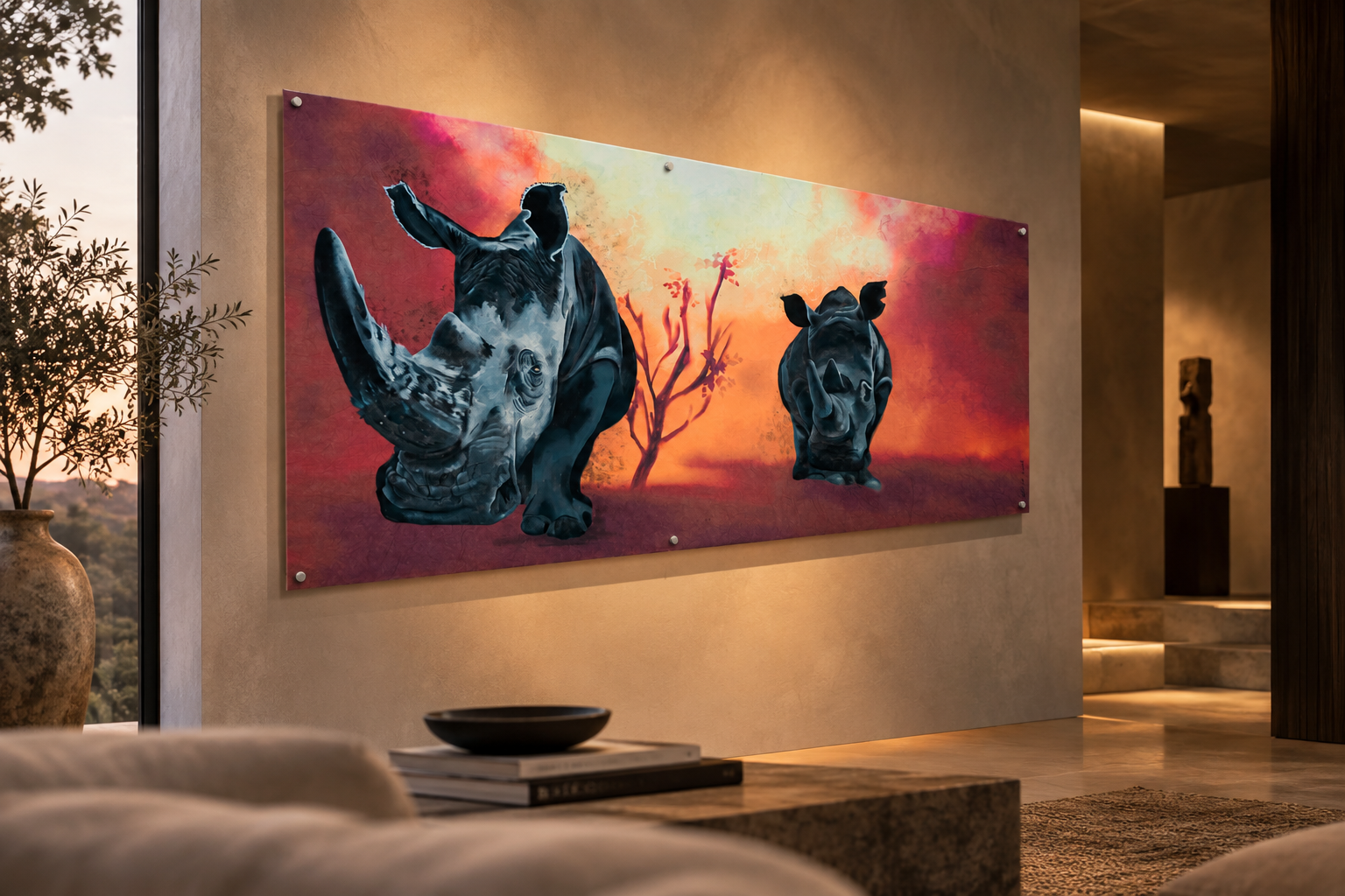 Dipinto di due animali in stile surrealista, un rinoceronte e un rinoceronte di pietra, su uno sfondo arancione e rosso con un albero stilizzato, nella decorazione di un interno moderno.