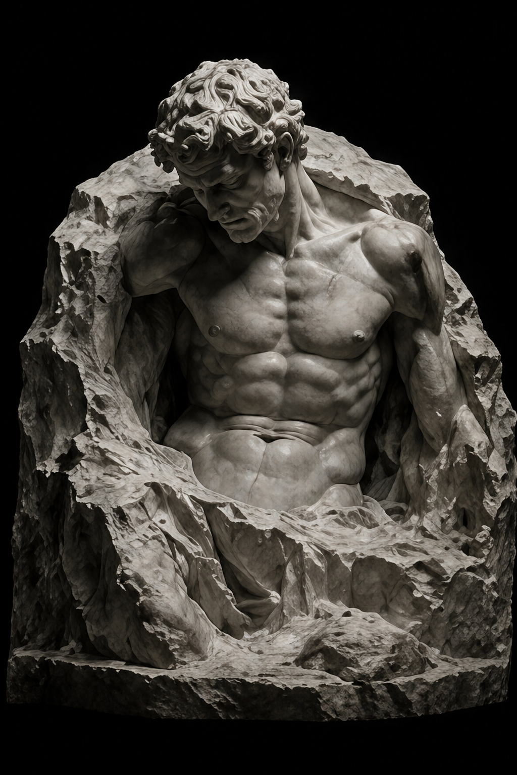 Marble sculpture symbolizing Integration — the struggle to stand between opposing forces.