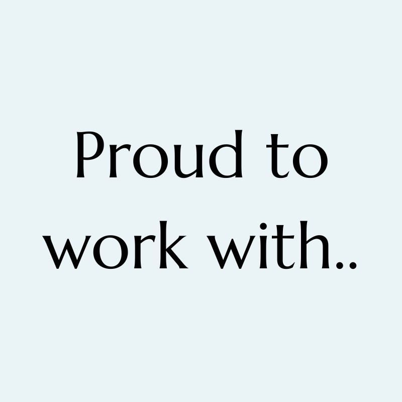 Text that reads "Proud to work with.." on a light blue background.