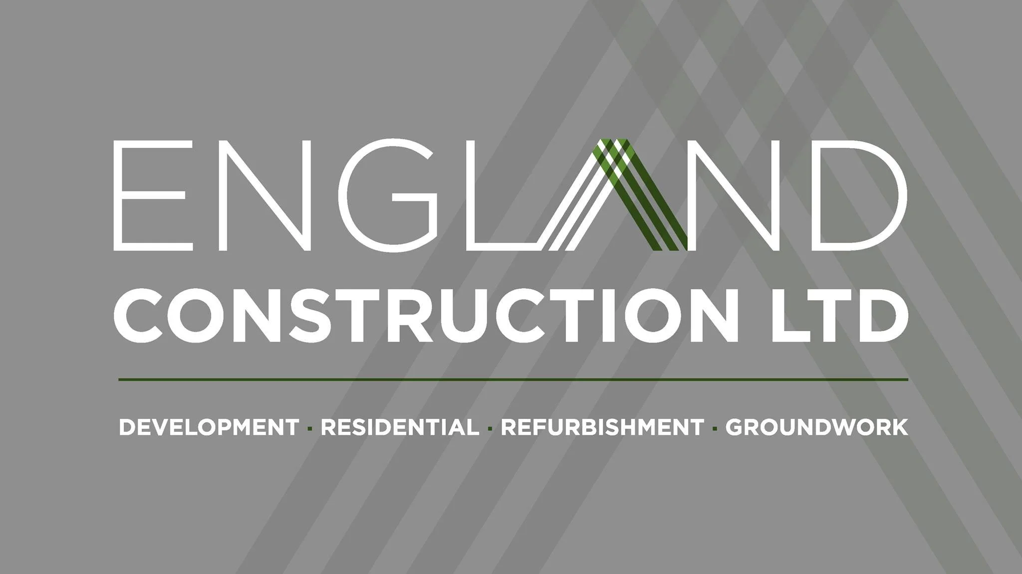 Design for Englan Construction Ltd featuring company name, logo with green and white striped mountain, and services: development, residential, refurbishment, groundwork.