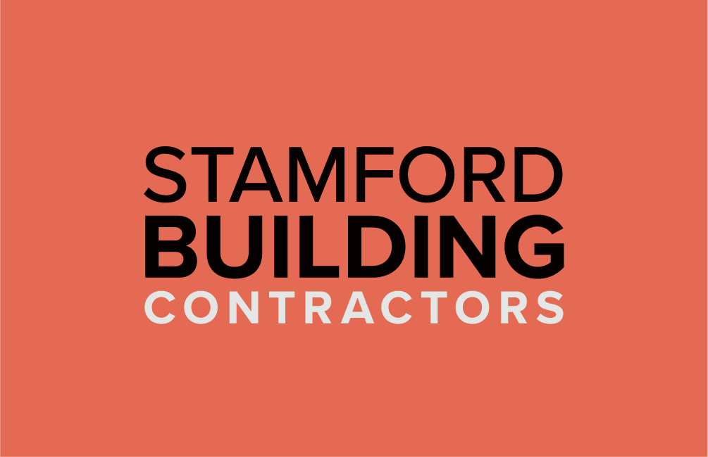 Logo for Stamford Building Contractors with black and white text on a red background.
