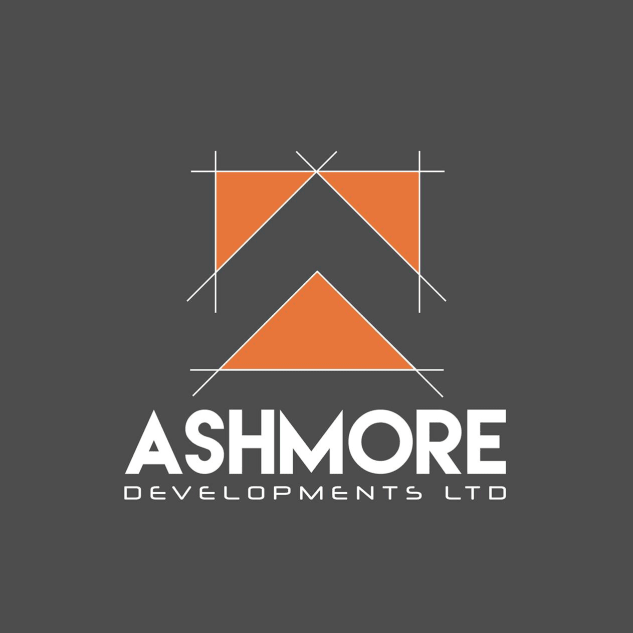 Logo for Ashmore Developments Ltd featuring a geometric design with orange triangles and lines on a dark gray background, and the company name in bold white text.