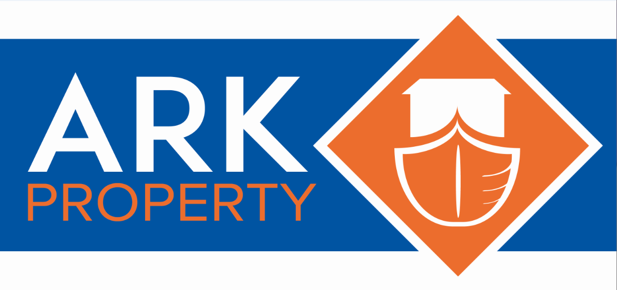 Logo with the text 'ARK Property' and a shield symbol inside an orange diamond shape.