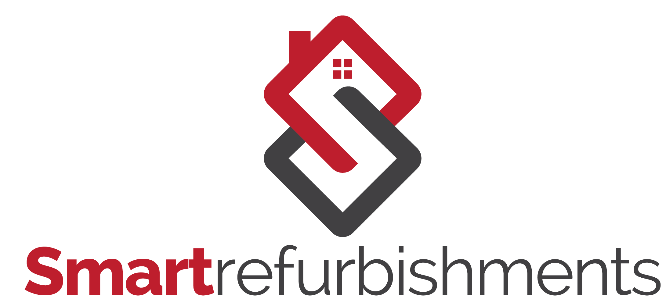 Logo with a red house shape intertwined with a black and gray geometric design, and the text 'Smart refurbishments' beneath it.