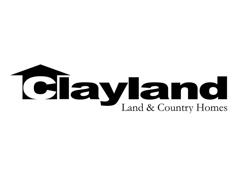 Logo for Clayland Land & Country Homes, featuring a stylized house roof above the word "Clayland" in bold black letters with "Land & Country Homes" in smaller font below.