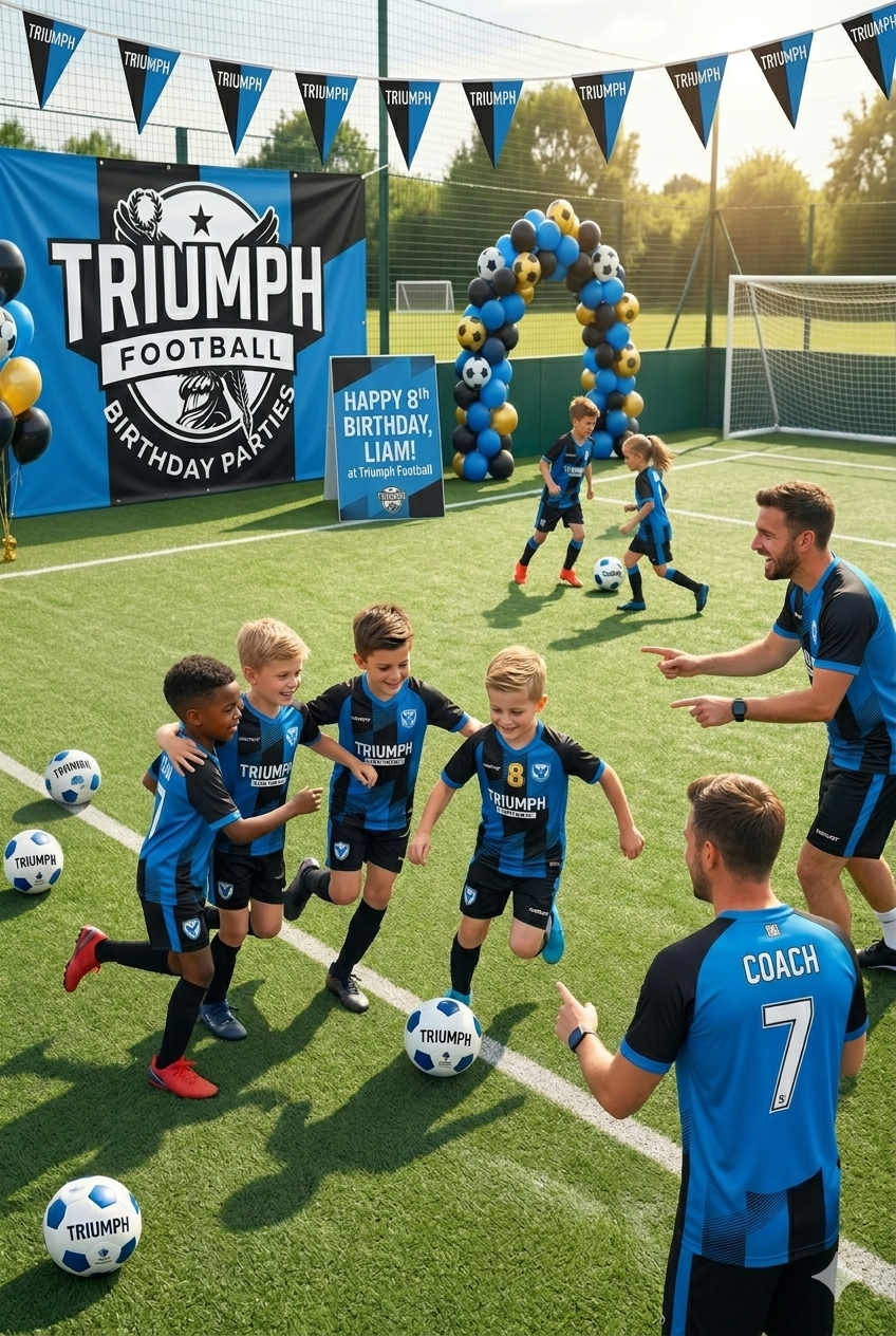 Young children celebrating on a soccer field during a birthday party at Triumph Football, with balloons, a birthday sign, and a coach giving instructions.