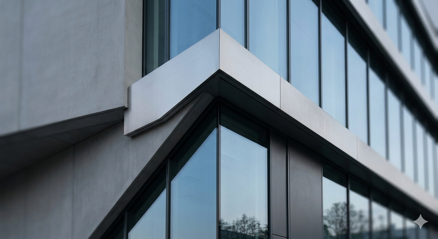 Close-up view of a modern building's glass and concrete exterior, showing geometric architectural features and reflections of trees.