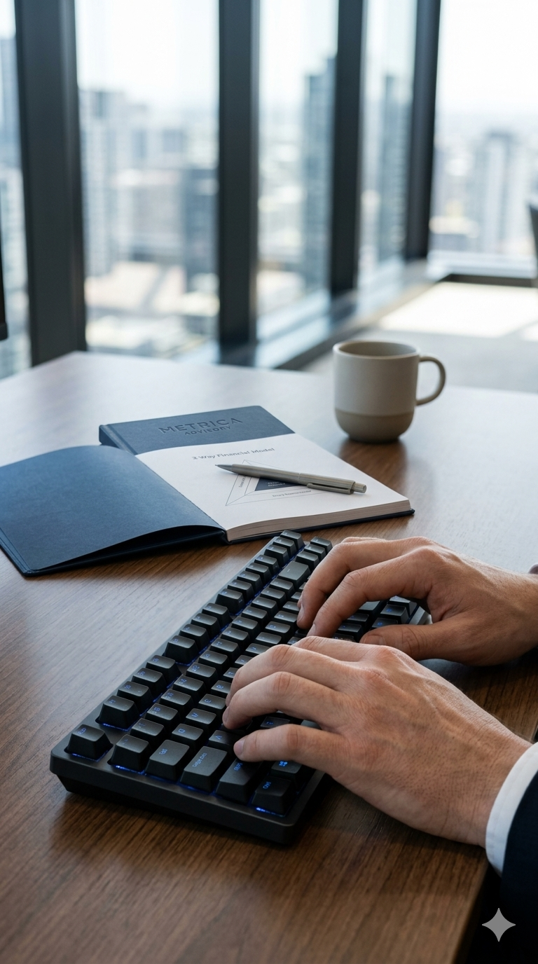 A person typing on a mechanical keyboard at a wooden desk with a notebook, pen, coffee mug, and large windows showing a cityscape in the background.