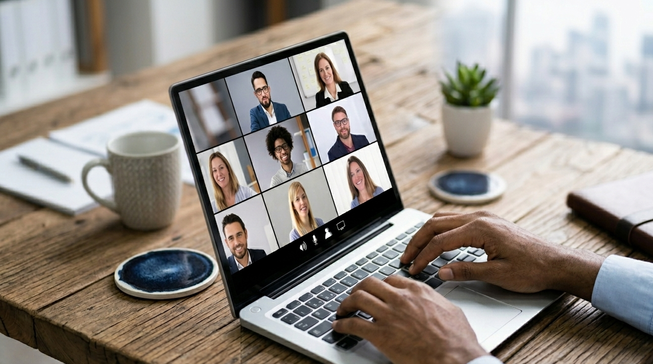 A person is participating in a virtual meeting on a laptop, with a video call showing eight diverse colleagues. The workspace includes a wooden desk, a white mug, a small potted plant, a phone, and a notebook.