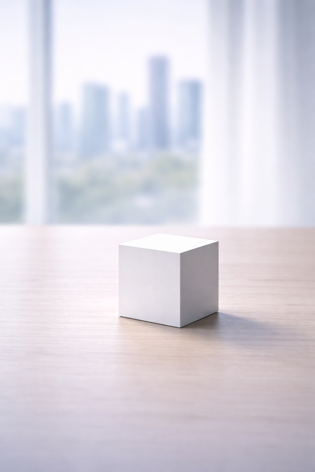 Empty white cube on a wooden table, blurred cityscape window in background.