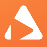 Orange background with a white geometric shape resembling a stylized letter 'A' or mountain peak